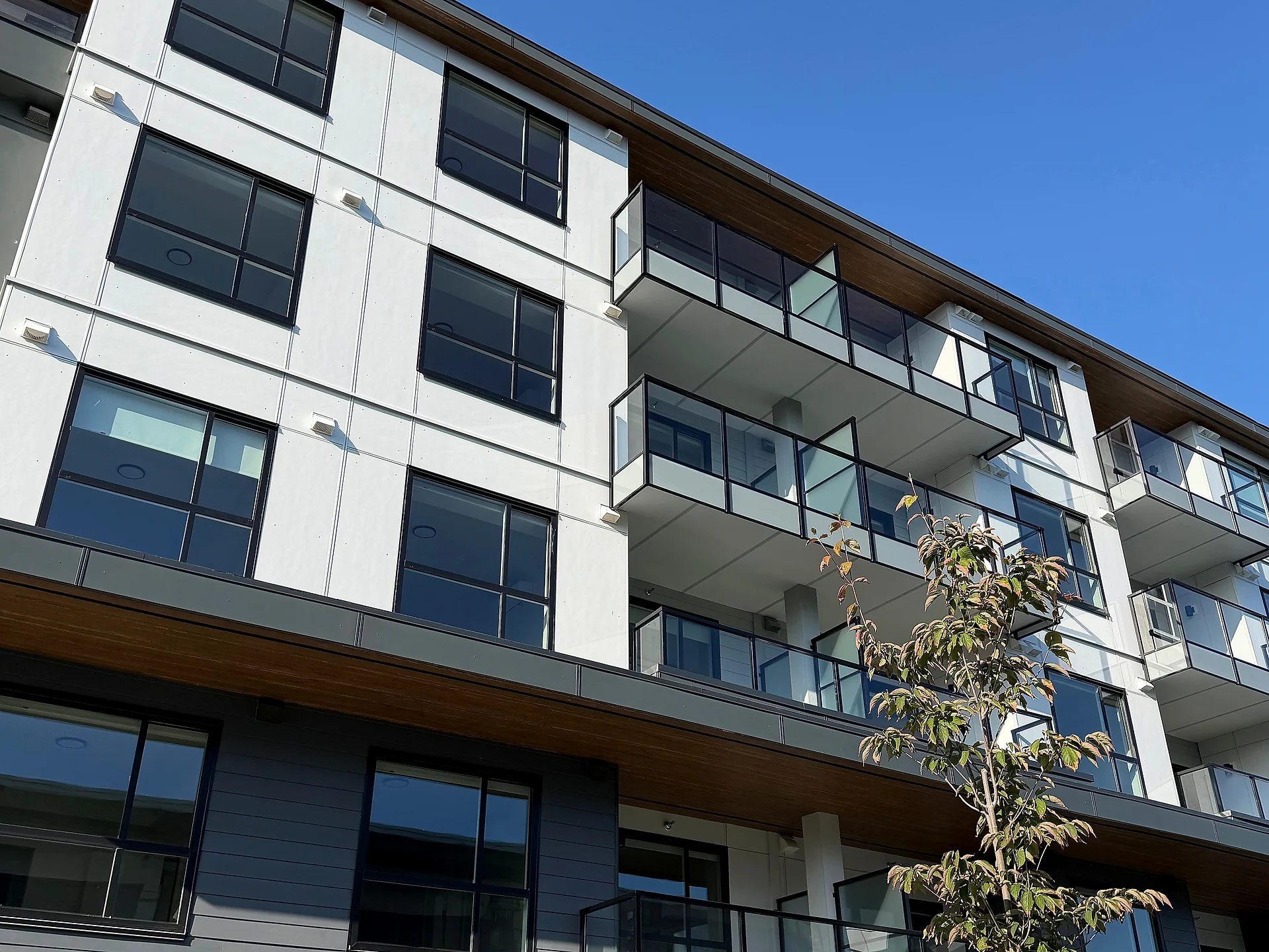 Mid-rise corner with grey lap siding, glass balconies and hydrangeas, South Surrey BC