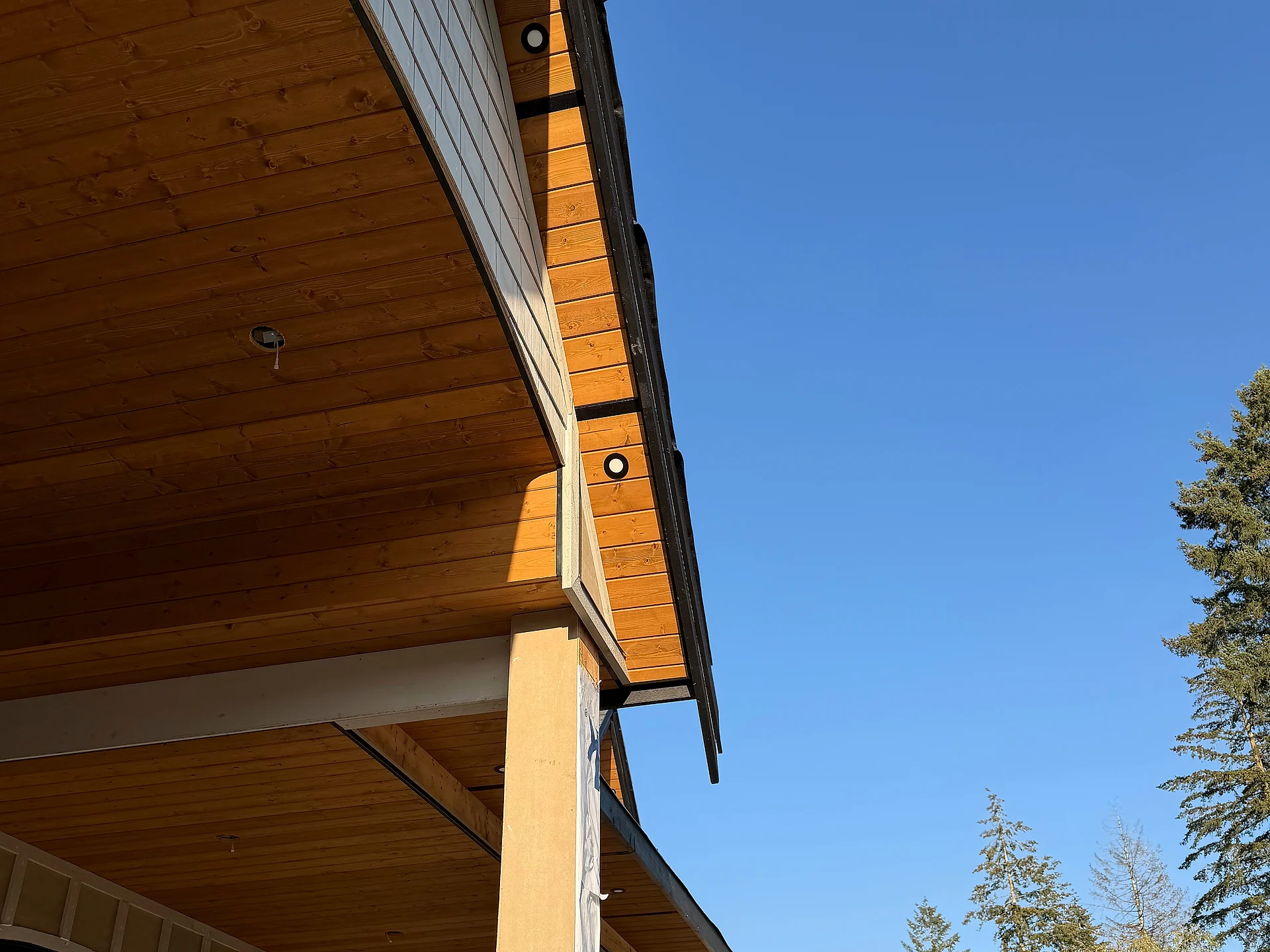 Cedar tongue-and-groove porch soffit and column with arched windows, Langley BC custom home