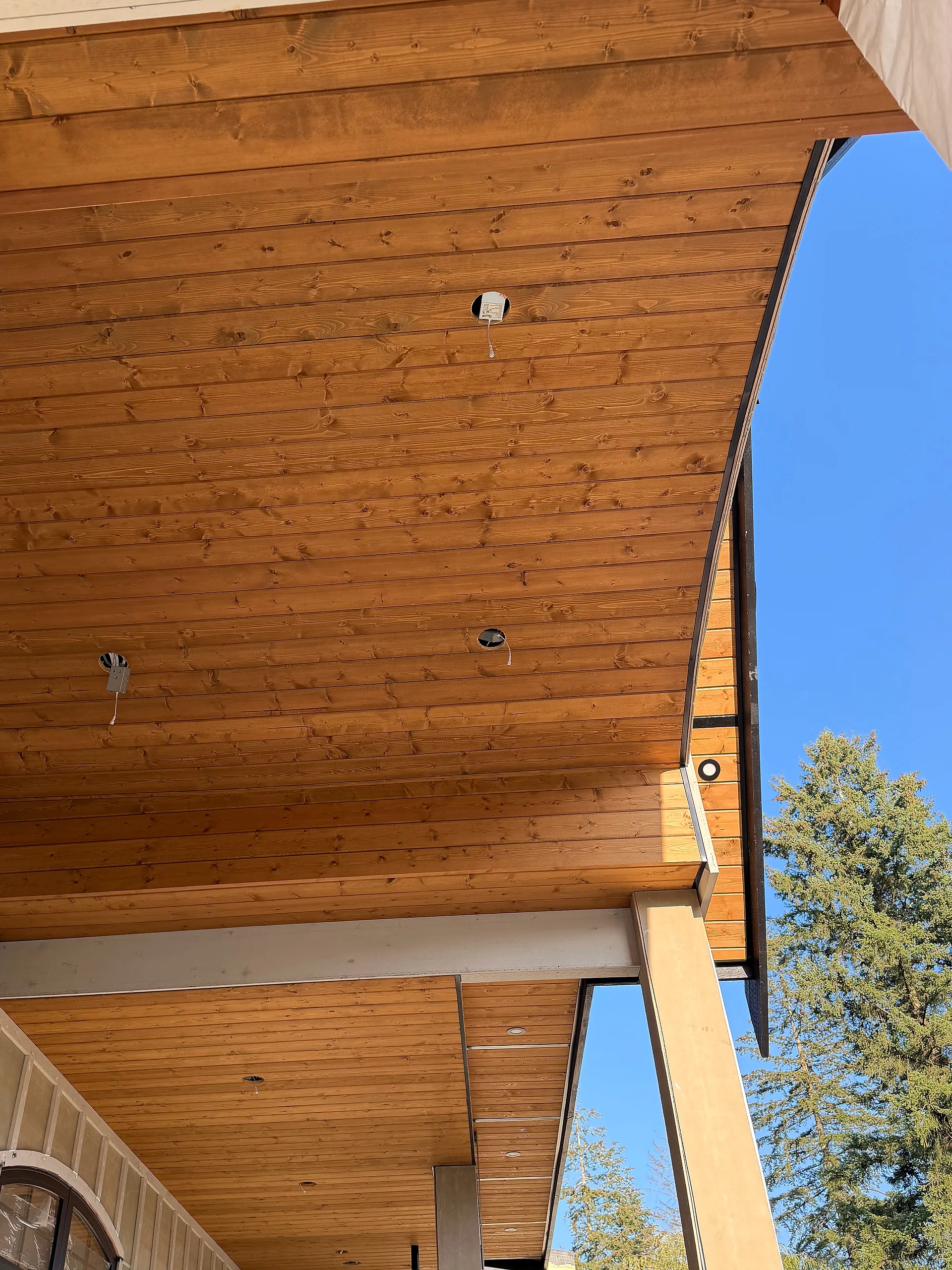 Clear cedar tongue-and-groove porch ceiling with column, Langley BC